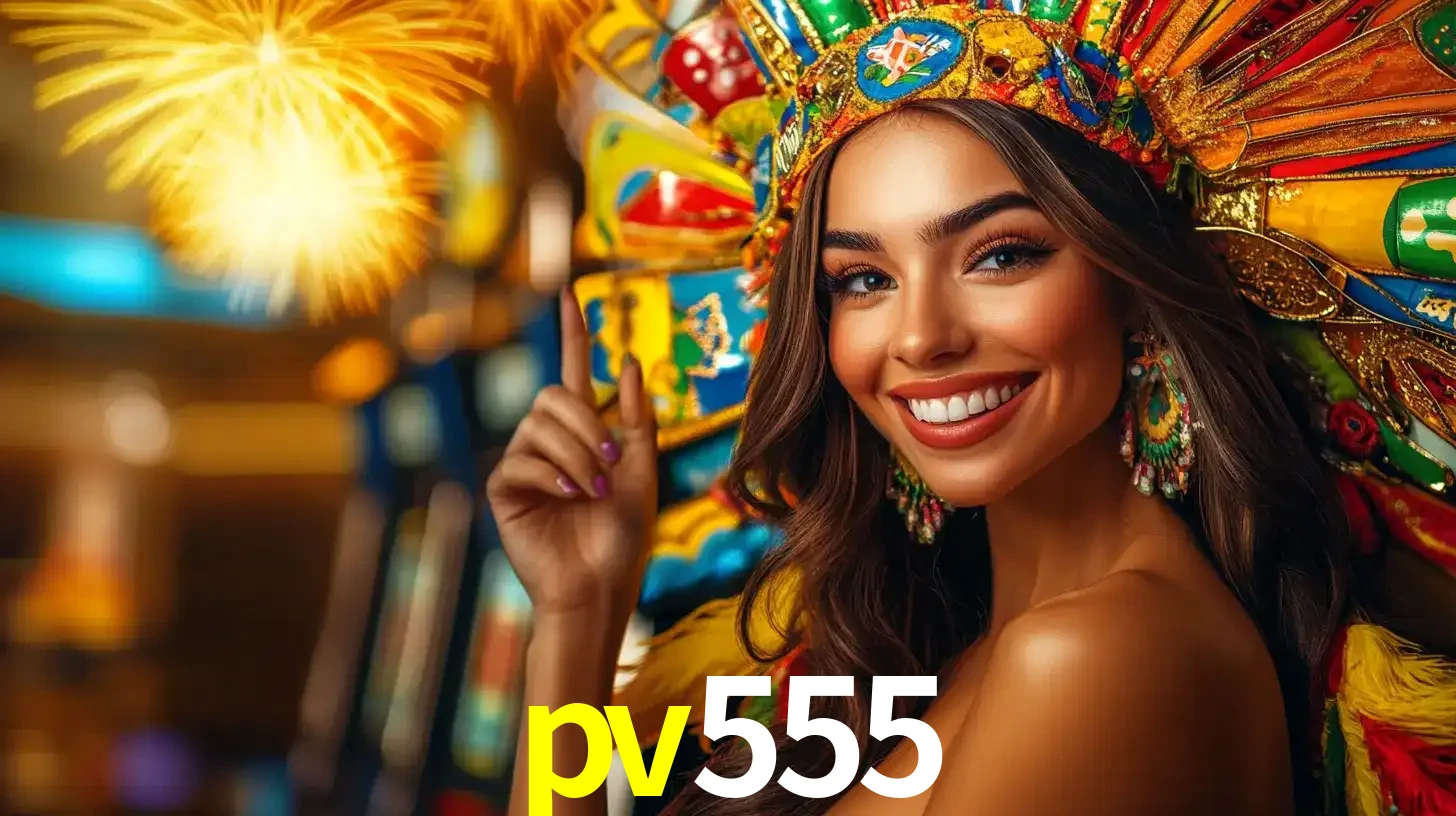 Mulher sorridente com um cocar de carnaval vibrante e colorido, celebrando uma grande vitória nos jogos do cassino pv555 com fogos de artifício ao fundo.