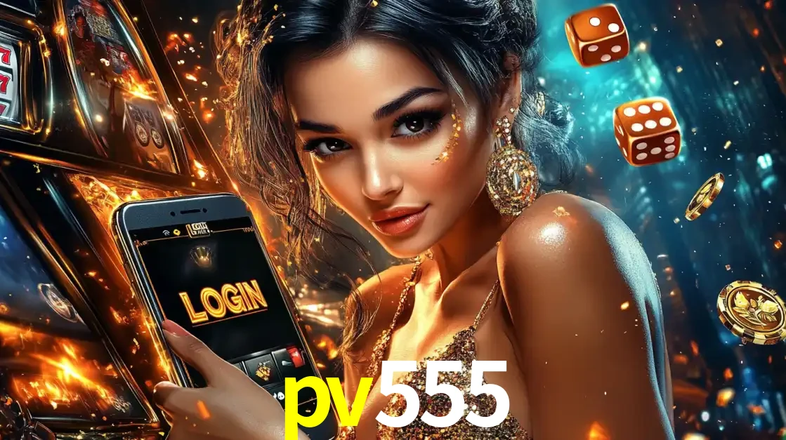 Mulher glamourosa segurando um celular com a tela de login do cassino pv555, rodeada por dados e moedas douradas, pronta para começar a diversão.