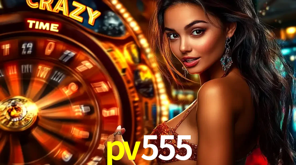 Mulher ao lado da roda de prêmios do jogo de cassino ao vivo Crazy Time, um dos shows de jogos mais emocionantes oferecidos pela plataforma de apostas pv555.