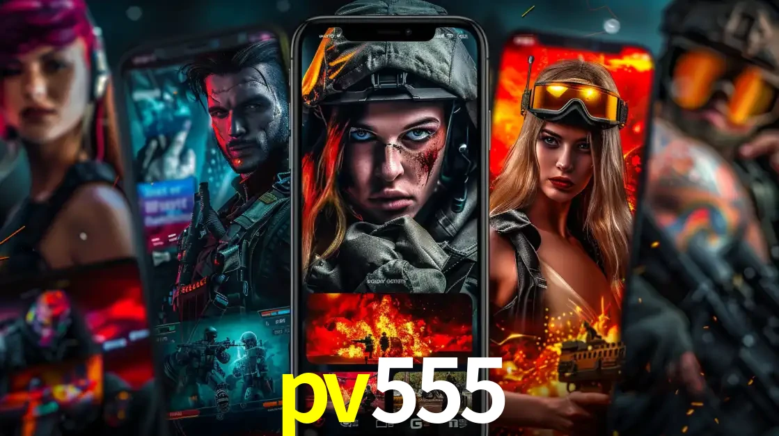 Montagem de telas de celular mostrando diversos personagens, masculinos e femininos, de um jogo de tiro, ilustrando a diversidade de equipes de e-sports para apostar no pv555.