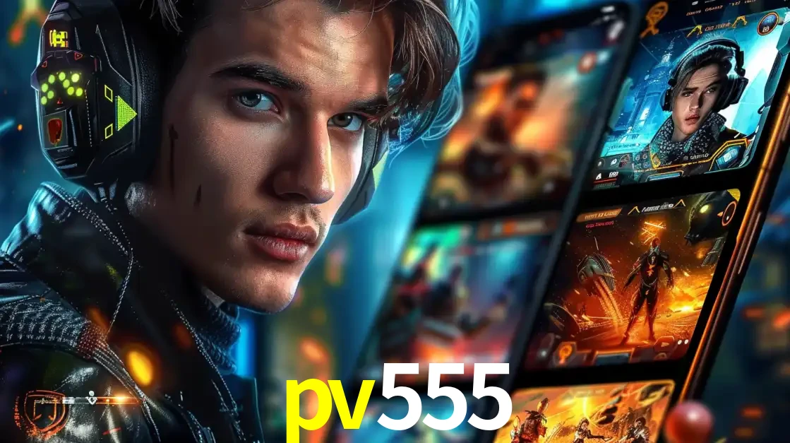 Jovem jogador com fones de ouvido olhando para a câmera, com um aplicativo de jogos e e-sports para celular ao fundo, pronto para a competição e apostas no pv555.