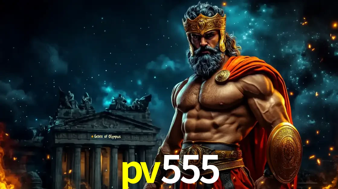 O poderoso Zeus do jogo de slot Gates of Olympus em frente ao seu templo, pronto para lançar multiplicadores divinos e prêmios épicos no cassino online pv555.