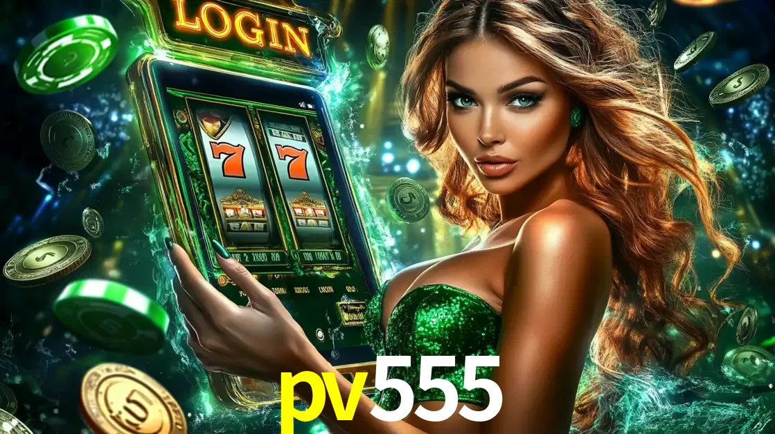 Mulher com tema verde apresentando o aplicativo do cassino pv555 com um jogo de slot de 777, cercada por fichas de cassino e uma aura de sorte.