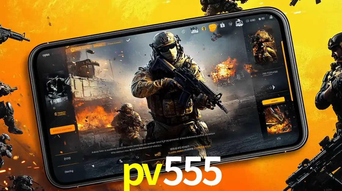 Um smartphone exibindo a interface de um jogo de tiro em primeira pessoa, com um soldado em um cenário de batalha, representando a ação dos e-sports para apostar no pv555.