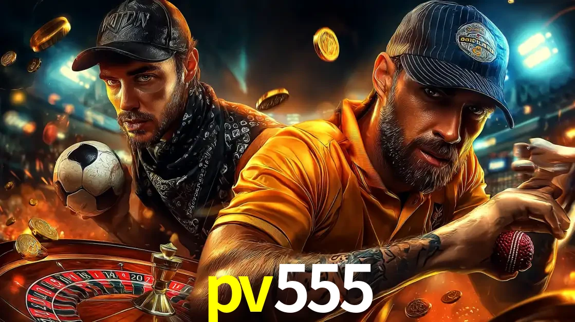 Montagem de apostas esportivas e cassino no pv555, com um homem segurando uma bola de futebol e outro uma de beisebol sobre uma roleta e moedas voadoras.