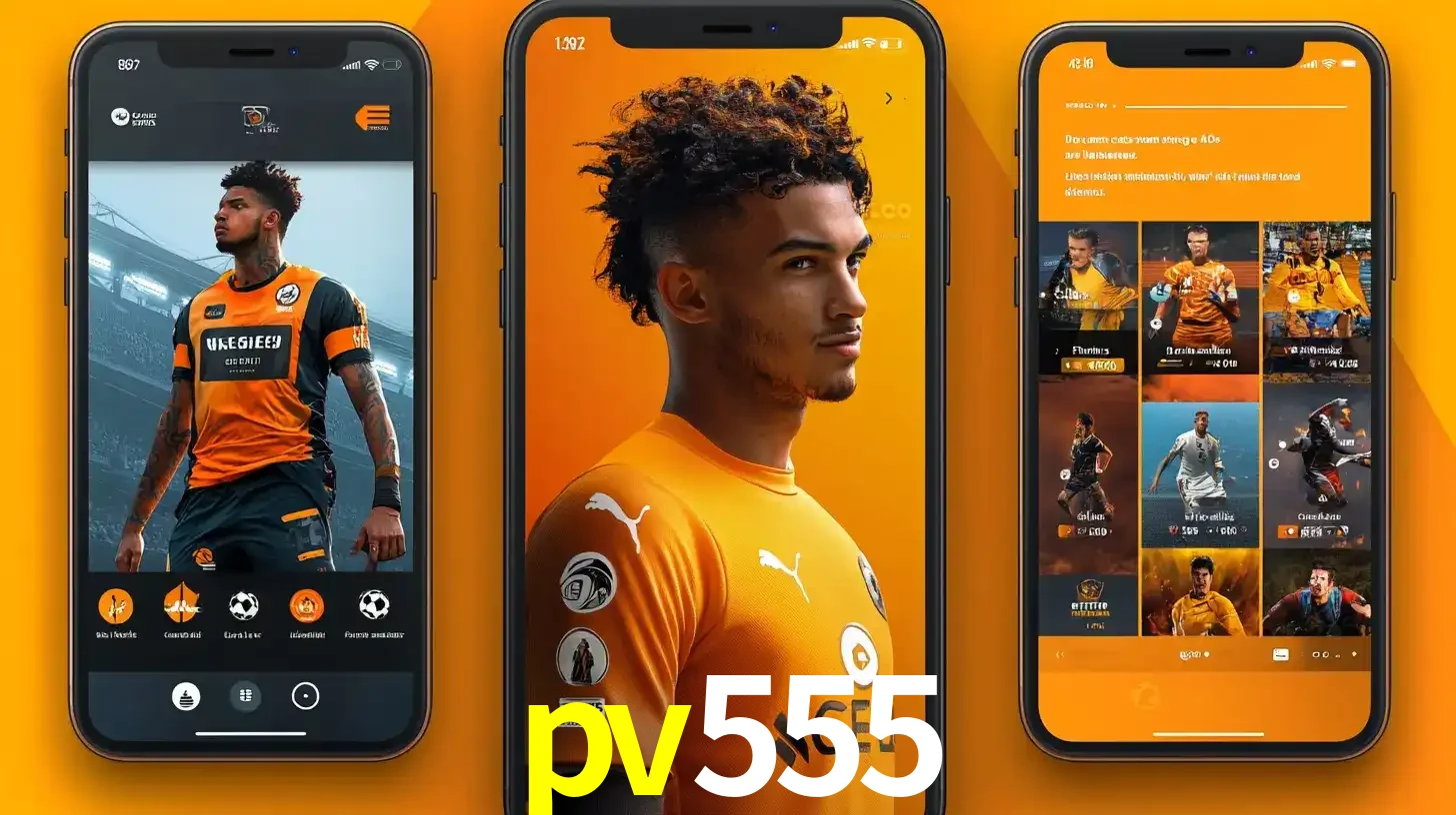 Interface do aplicativo de apostas esportivas pv555 em três telas de celular, mostrando o perfil de um jogador de futebol e a lista de jogos disponíveis para apostar.