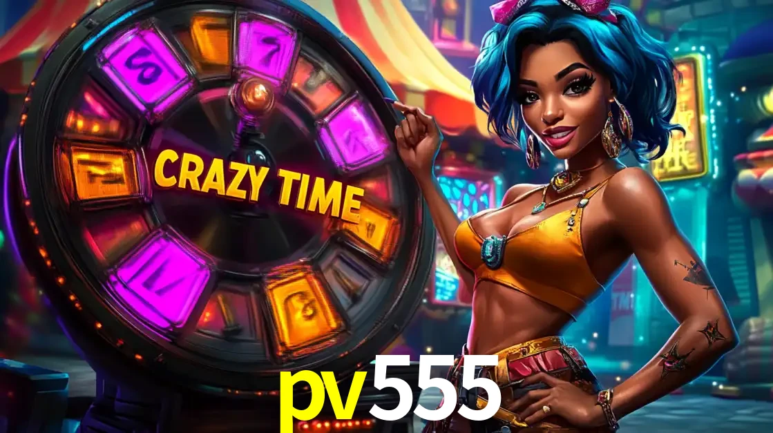 Mulher estilizada com cabelo azul e visual vibrante posando ao lado da roda de prêmios do game show Crazy Time, convidando para a diversão e os bônus do cassino pv555.