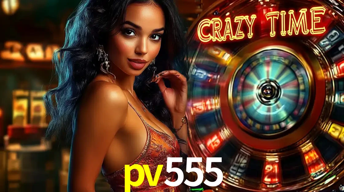 Mulher elegante ao lado da vibrante roda da fortuna do jogo de cassino ao vivo Crazy Time, um dos game shows mais populares e cheios de prêmios do pv555.