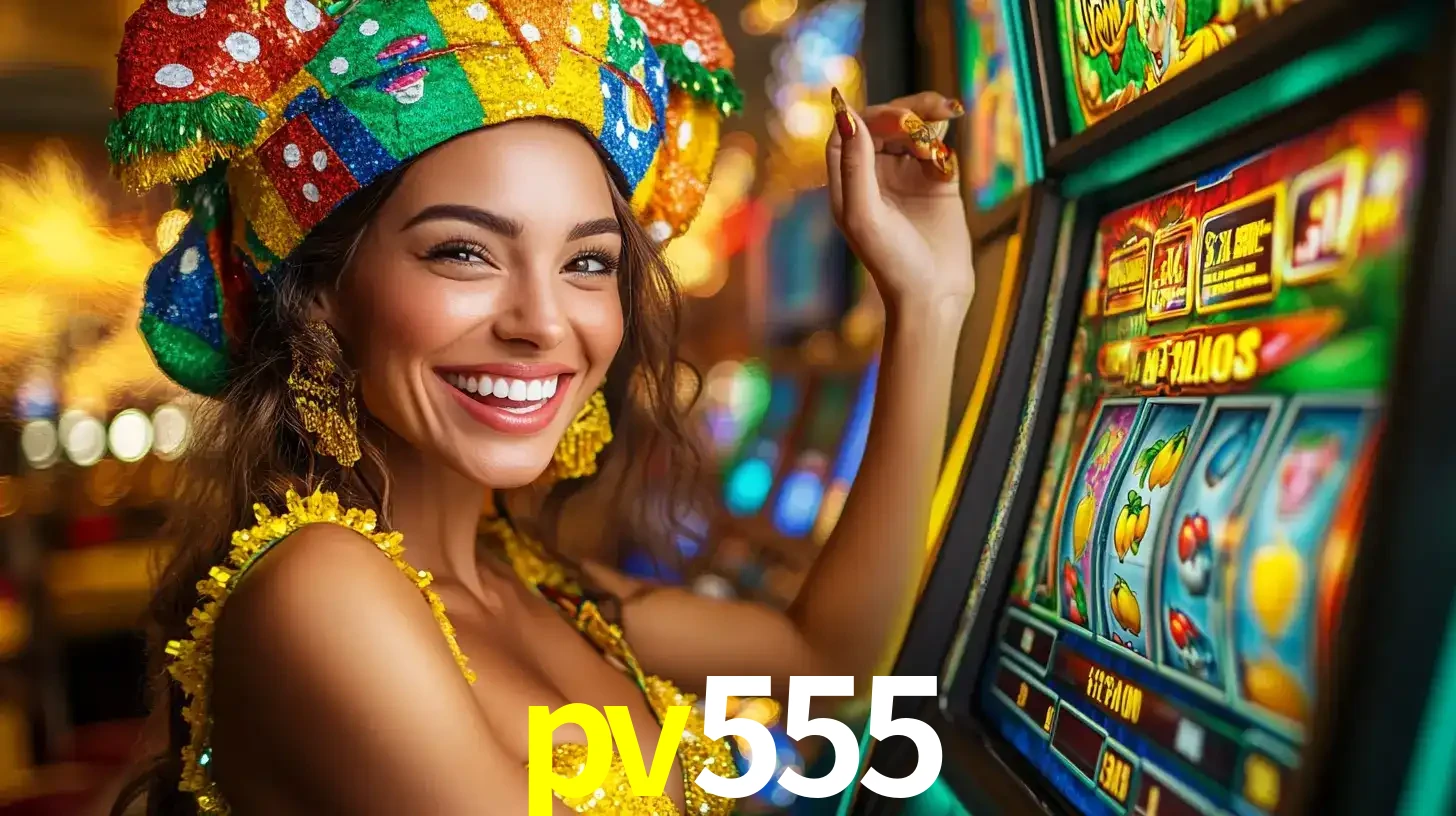 Mulher feliz com traje de carnaval amarelo e colorido ao lado de uma máquina de caça-níqueis, aproveitando a diversão e os jogos temáticos do cassino pv555.