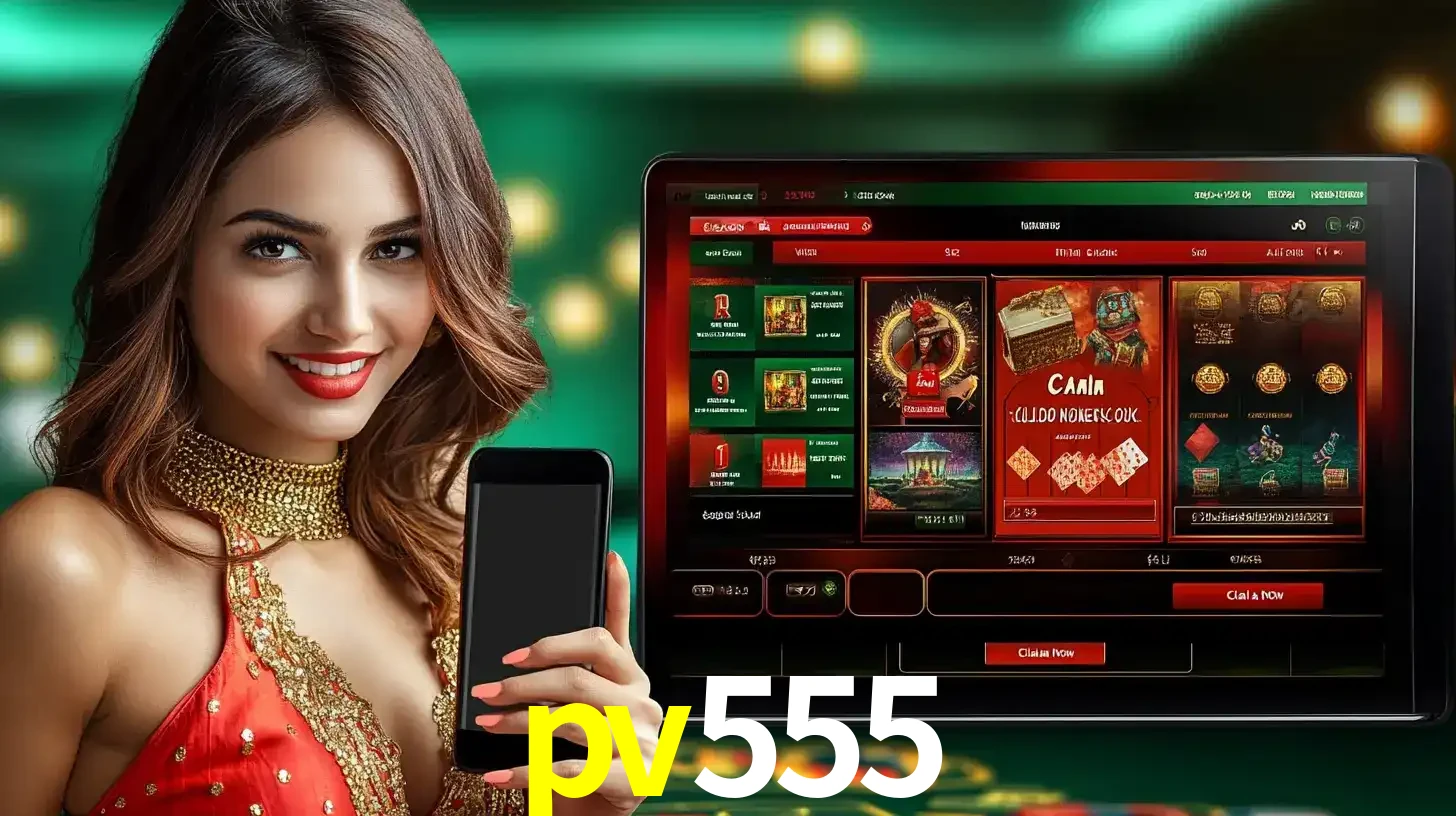 Mulher sorridente segurando um smartphone, ao lado de uma tela exibindo o lobby de jogos do cassino online pv555, com várias opções de jogos de cartas e slots.